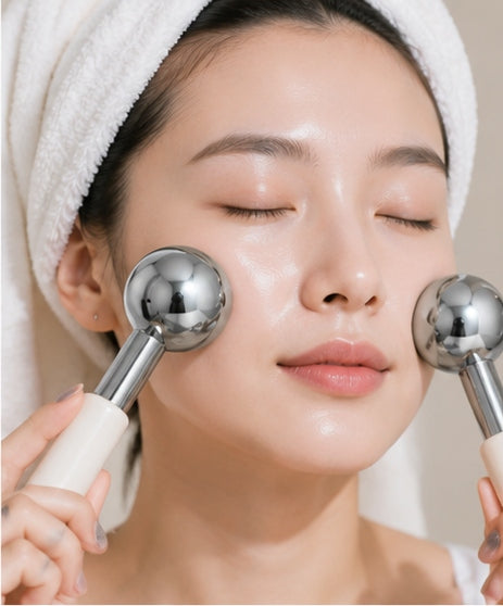 Application des Ice Globes Lumivae sur le visage, rituel de cryothérapie