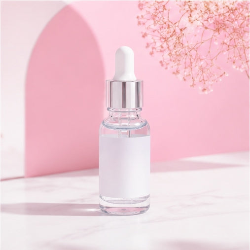 Packshot minimaliste du Sérum Microspicule Lumivae avec fleurs