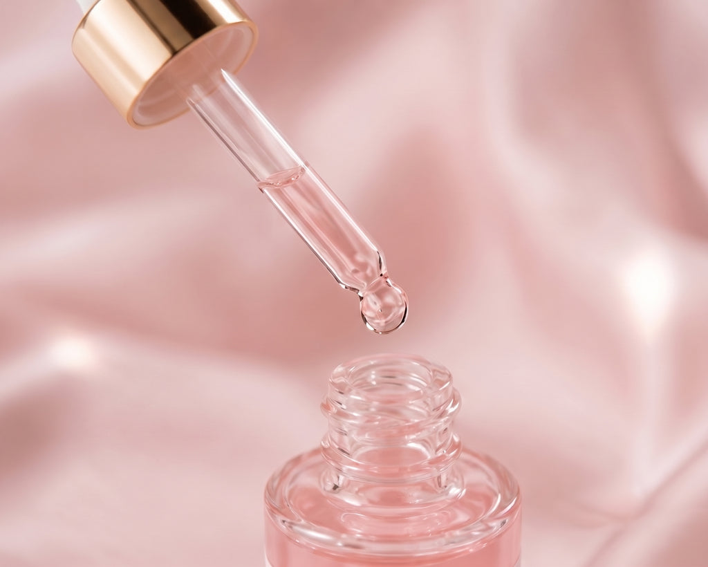 Sérum PDRN Rose Lumivae entouré de pétales de rose